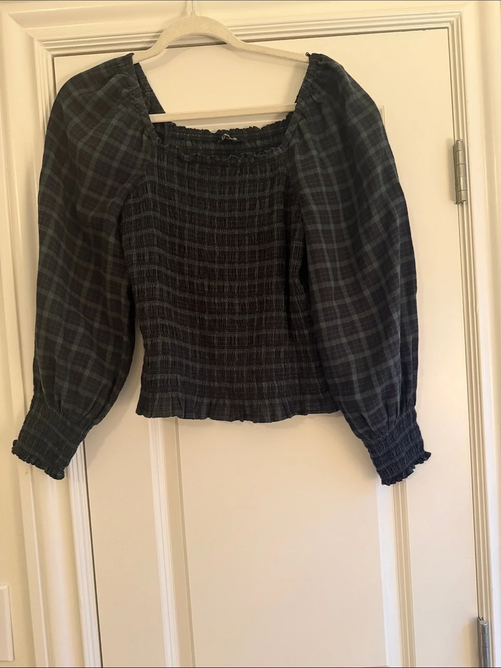 Madewell Black and Dark Green Plaid Smocked Peasant Top